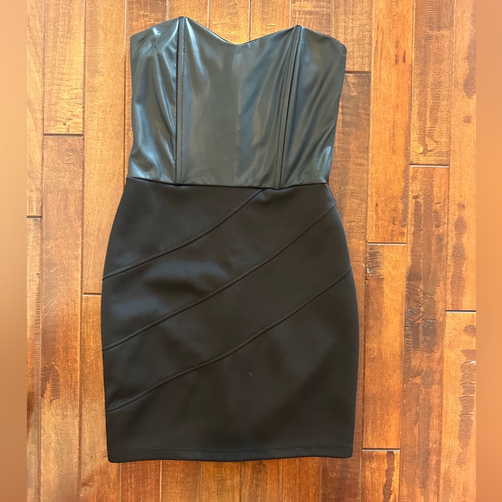 VERY GENTLY WORN, Faux leather black strapless mini dress